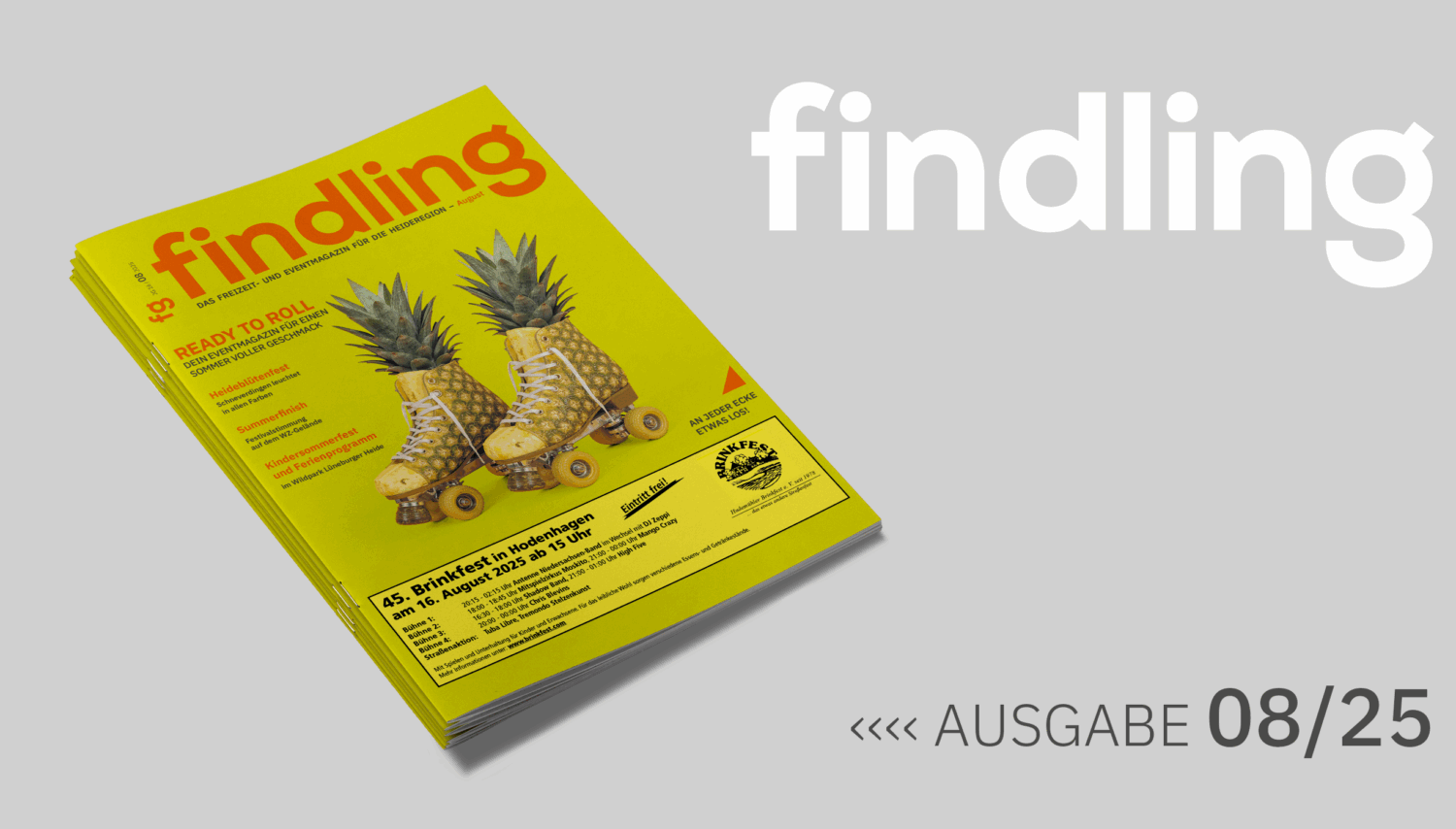 Cover August 2025: Ready to Roll.Rollschuhe aus Ananas. Mockup.